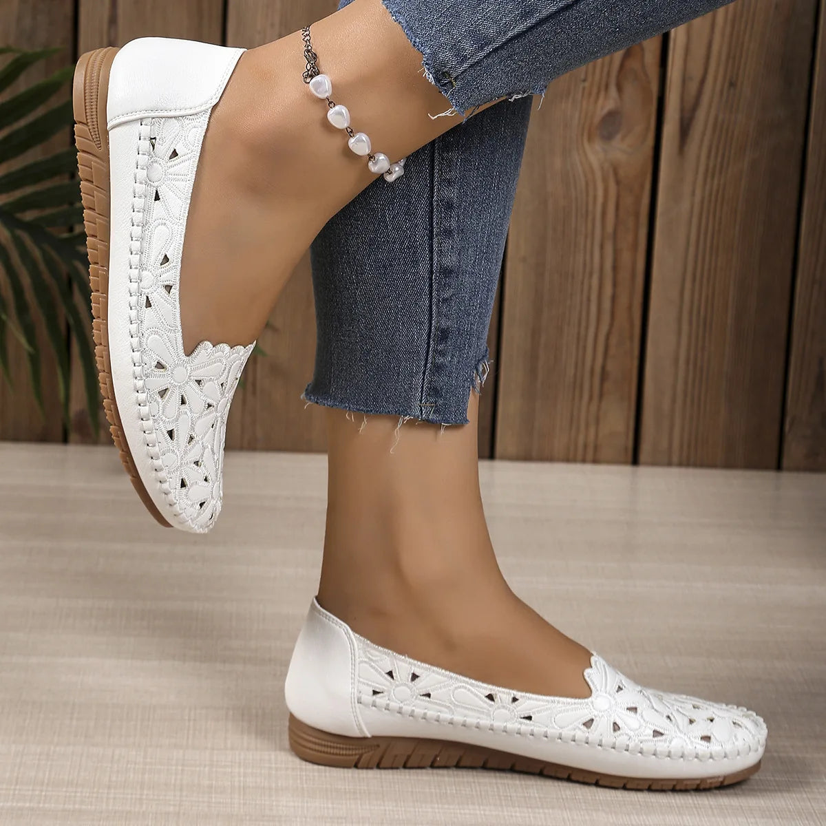 Mocassins Femme Dentelle Florale Légères et Confortables